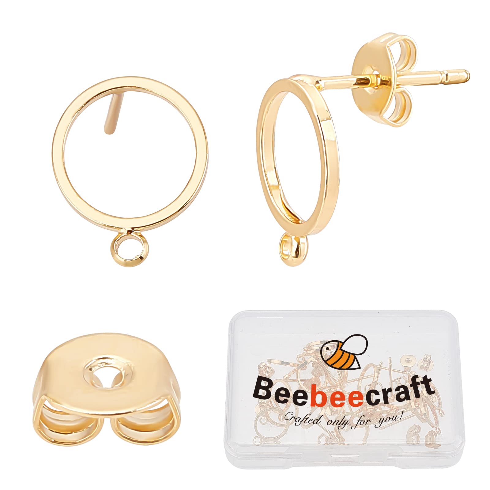 Beebeecraft 20Pcs/Box Stud Earrings with Loop 18K Gold Plated Brass 10mm/0.39in Hollow Round Stud Earring Findings Geometry Earring Posts with 20Pcs Butterfly Ear Back for Jewelry Making Hole: 0.06in