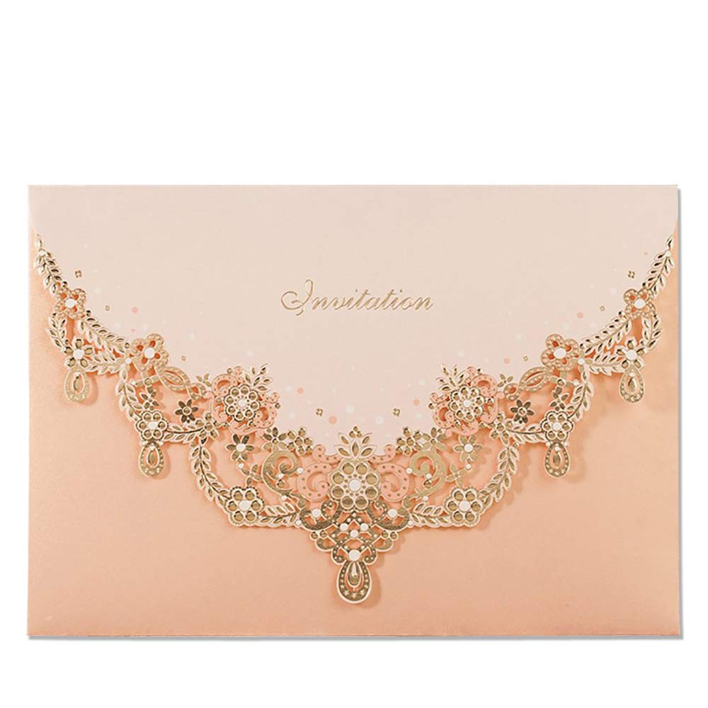 Jofanza 50PCS 5 x 7 Inch Laser Cut Wedding Invitations kit with Envelopes Blush Pink Hollow Floral Blank Invitation Cards for Engagement Party Wedding Shower