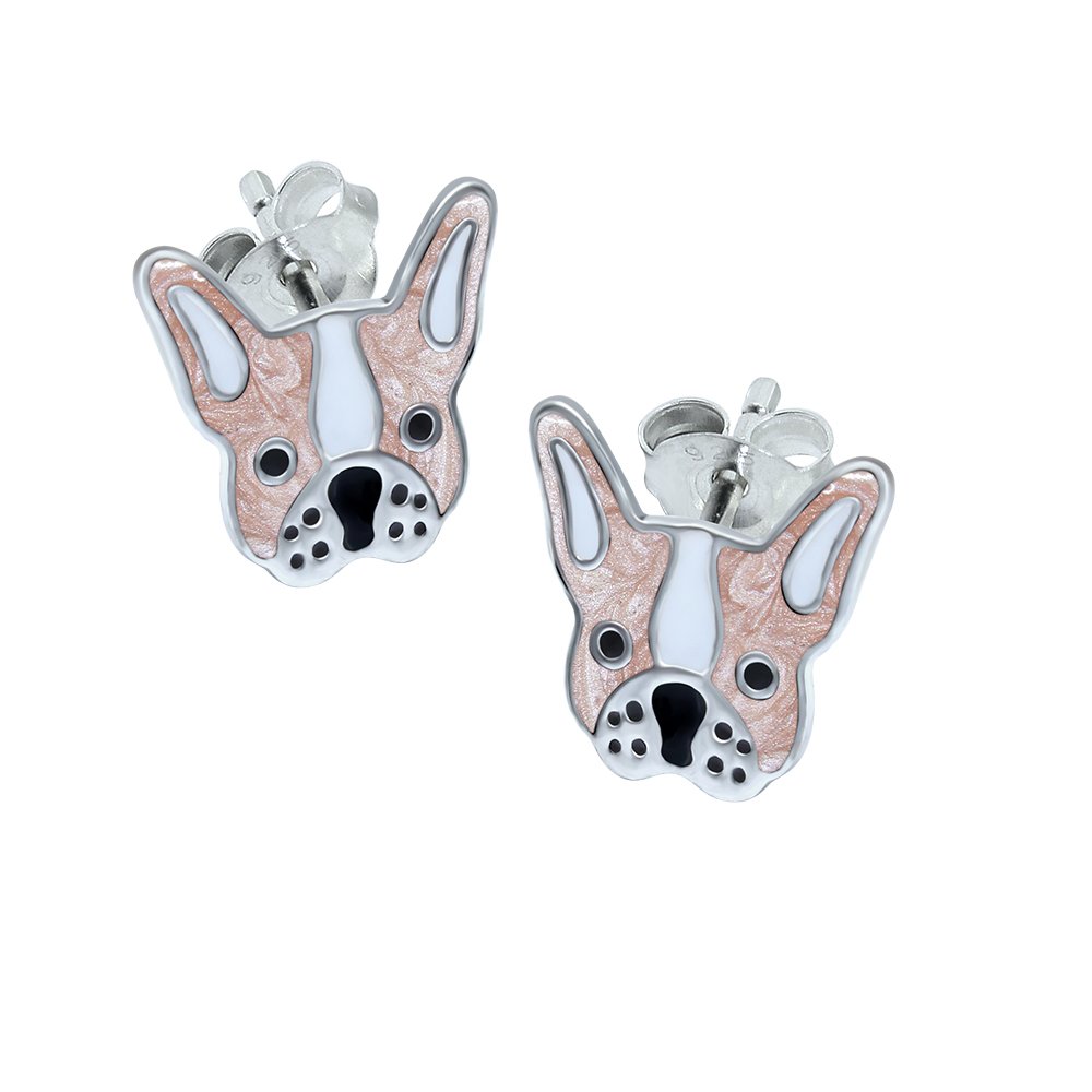 .925 Sterling Silver French Bulldog Earrings Pink