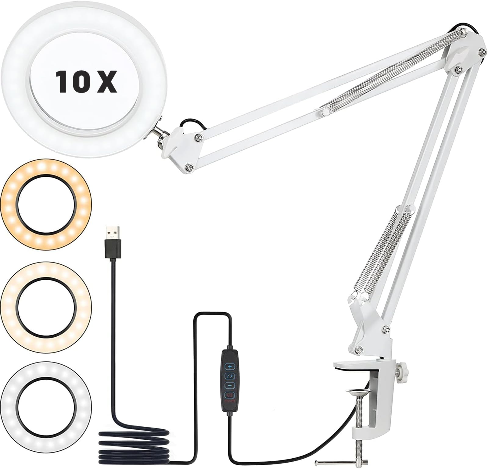 10X Magnifying Glass with Light and Stand, LED Desk Lamp with Clamp,72LEDs & 5 Color Modes Magnifier Desk Lamp,10X Magnifying Lamp for Craft Work Reading Sewing Painting Repair Crafts-White