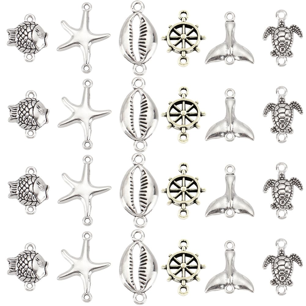 SUNNYCLUE 1 Box 60Pcs 6 Style Sea Animal Charms Bulk Turtle Connector Anitique Silver Shell Tail Anchor Ocean Starfish Link Connectors Charm for jewellery Making Charms Women DIY Bracelet Earring
