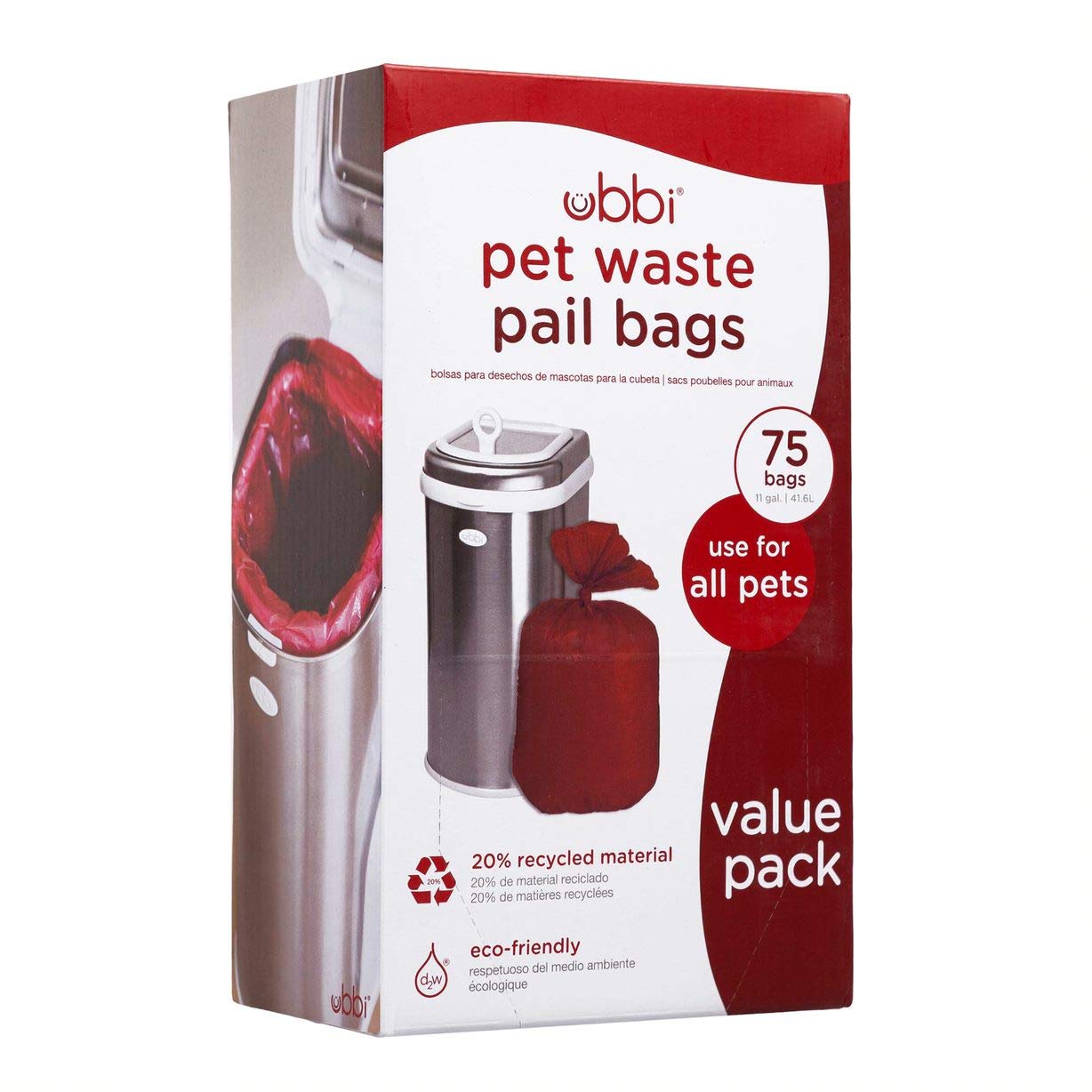 Ubbi Pet Waste Pail Bags, Cat Litter Box Cleaning Solution, Red 75ct Value Pack