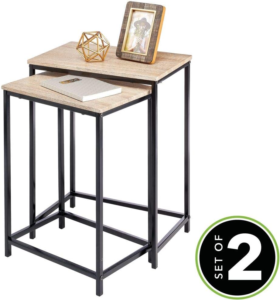 mDesign Modern Nesting Side/End Table - Metal Wood Design - Sturdy Vintage, Rustic, Industrial Home Decor Accent Furniture for Living Room, Bedroom - Set of 2 - Natural/Black: Home & Kitchen