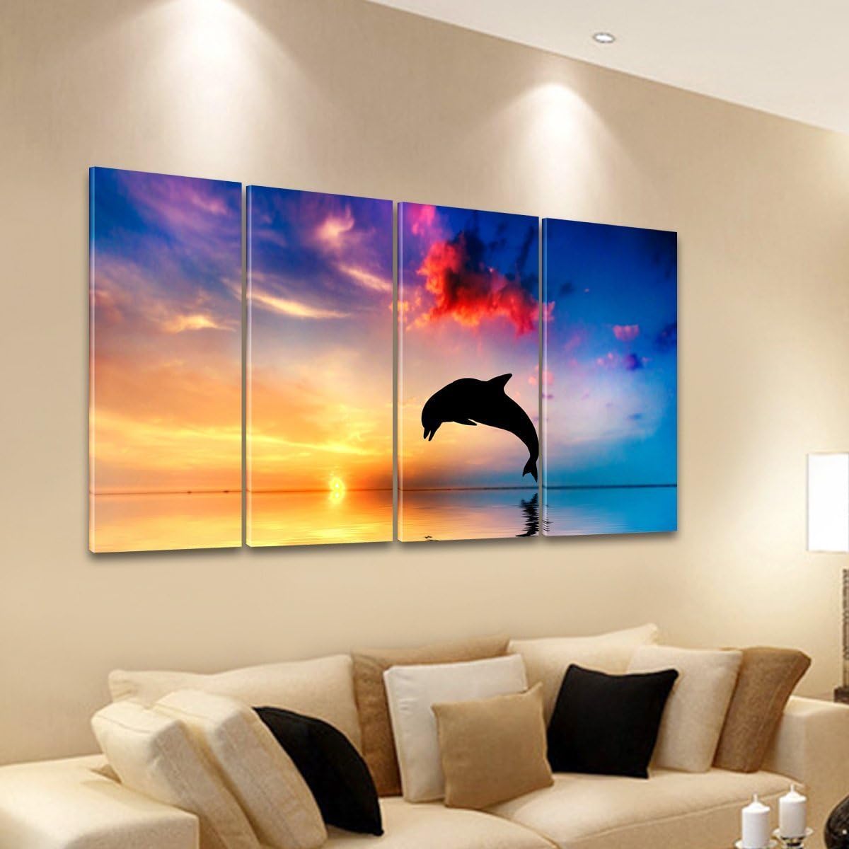 RAIN QUEEN Framed and Stretched Colorful Oil Painting Dolphin Run out of the Sea Ready to Hang 4pcs