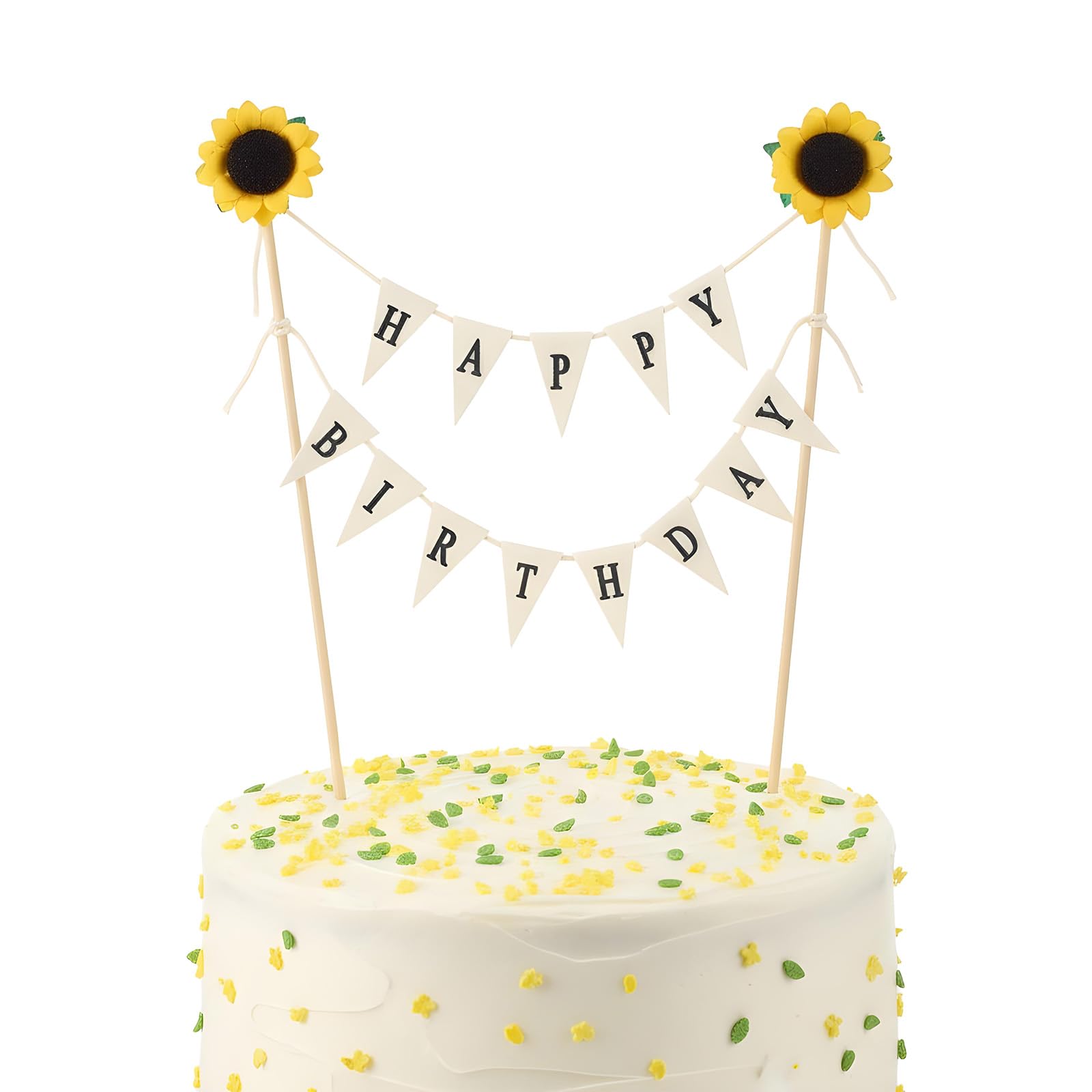 HJZHII Happy Birthday Cake Bunting Topper, Handmade Birthday Cake Topper Garland Personalized Pennant Flags with Sunflower Wood Pole Mini Happy Birthdays Banner for Birthdays Party
