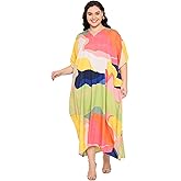 Gypsie Blu Women’s Plus Size Printed Caftan Maxi Dress Beach Cover Up, V-Neck Kimono Sleeve Summer Dress