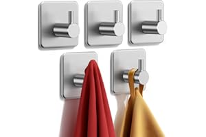Auxmir Adhesive Wall Hooks Heavy Duty 22LB/10KG(Max) Towel Hooks, 5 Packs Self Adhesive Utility Hooks Stainless Steel for Coa