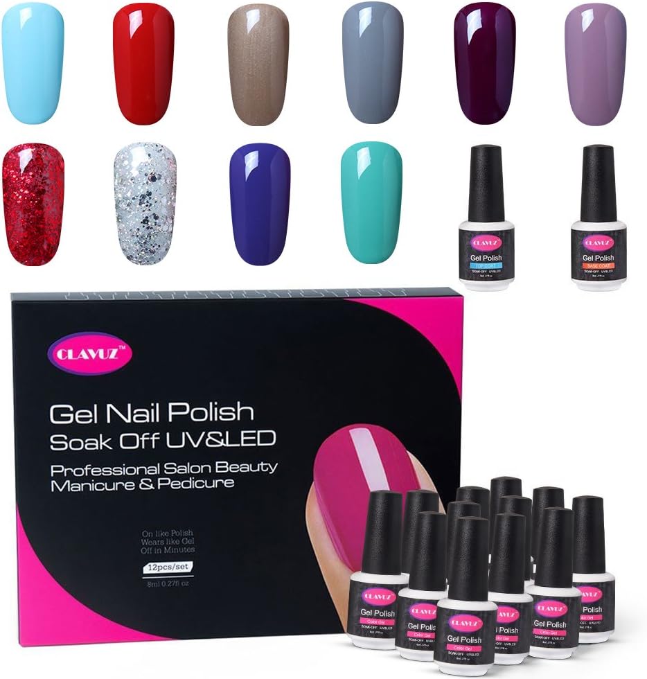 CLAVUZ Gel Nail Polish Set 12PCS Soak Off UV Gel Nail Lacquer with Top and Base Coat Nail Art New Starter Kit 8ML