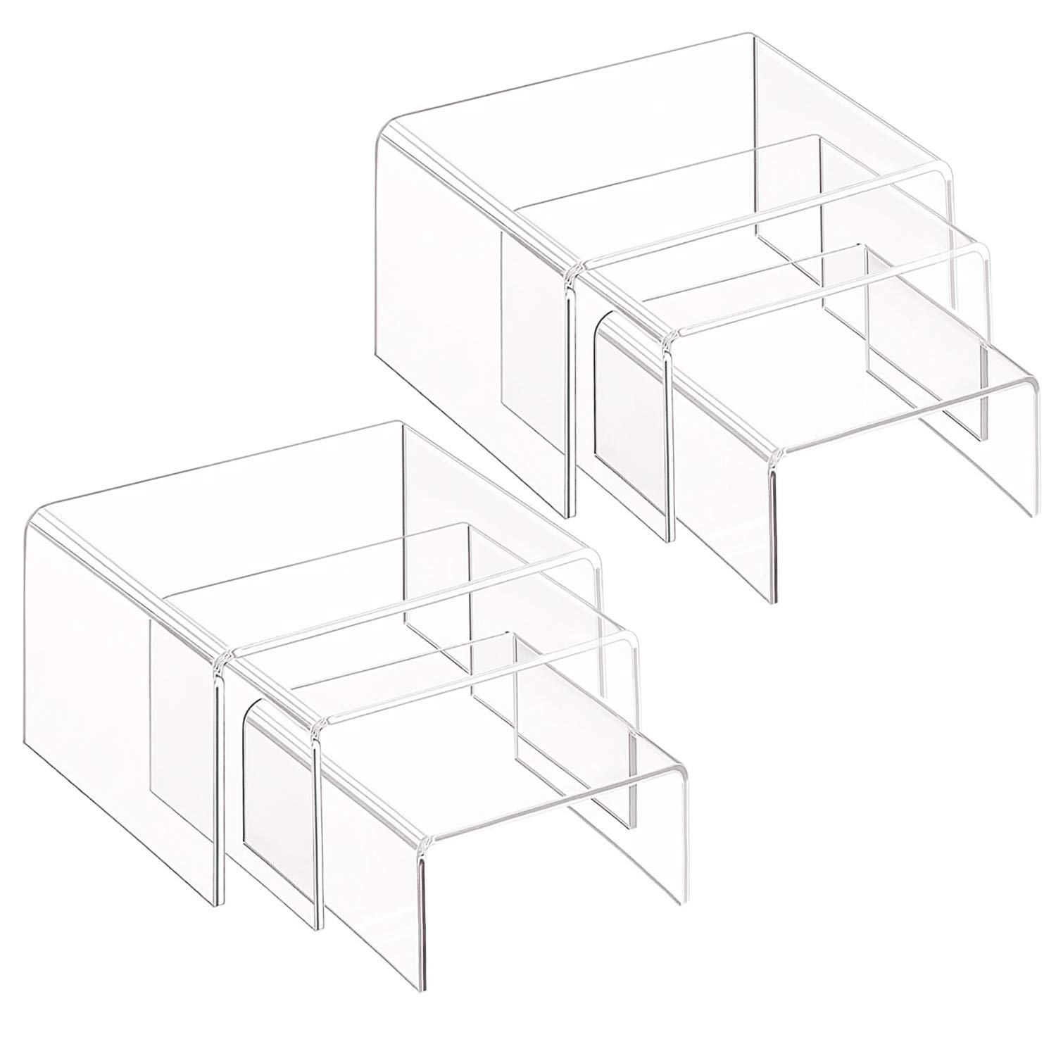 Milaloko Clear Acrylic Display Risers, 2 Sets of 3 Showcase Shelf for Figures, Buffets, Cupcakes and Jewelry Display Stands, with Sticky Protective Film