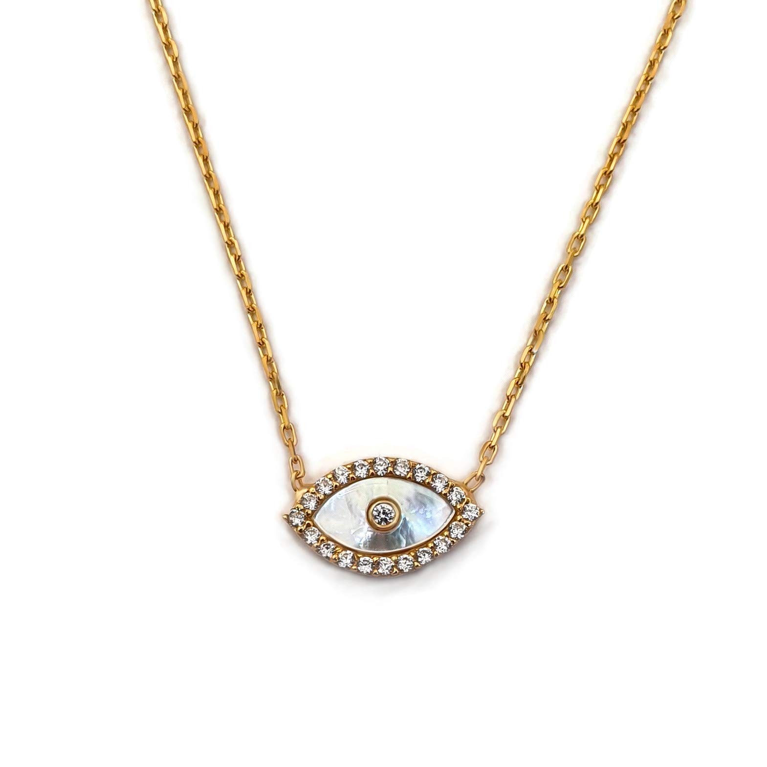 MYSTIC JEWELS by Dalia - 925 Sterling Silver Turkish Eye Pendant Necklace with cubic zirconia and Mother of Pearl Stone (Silver Gold Plated)