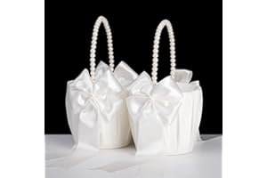 BETAULIFE Flower Girl Baskets for Wedding,Ivory Flower Girl Basket With Pearl Handle set of 2,Wedding Baskets for Flower Girls