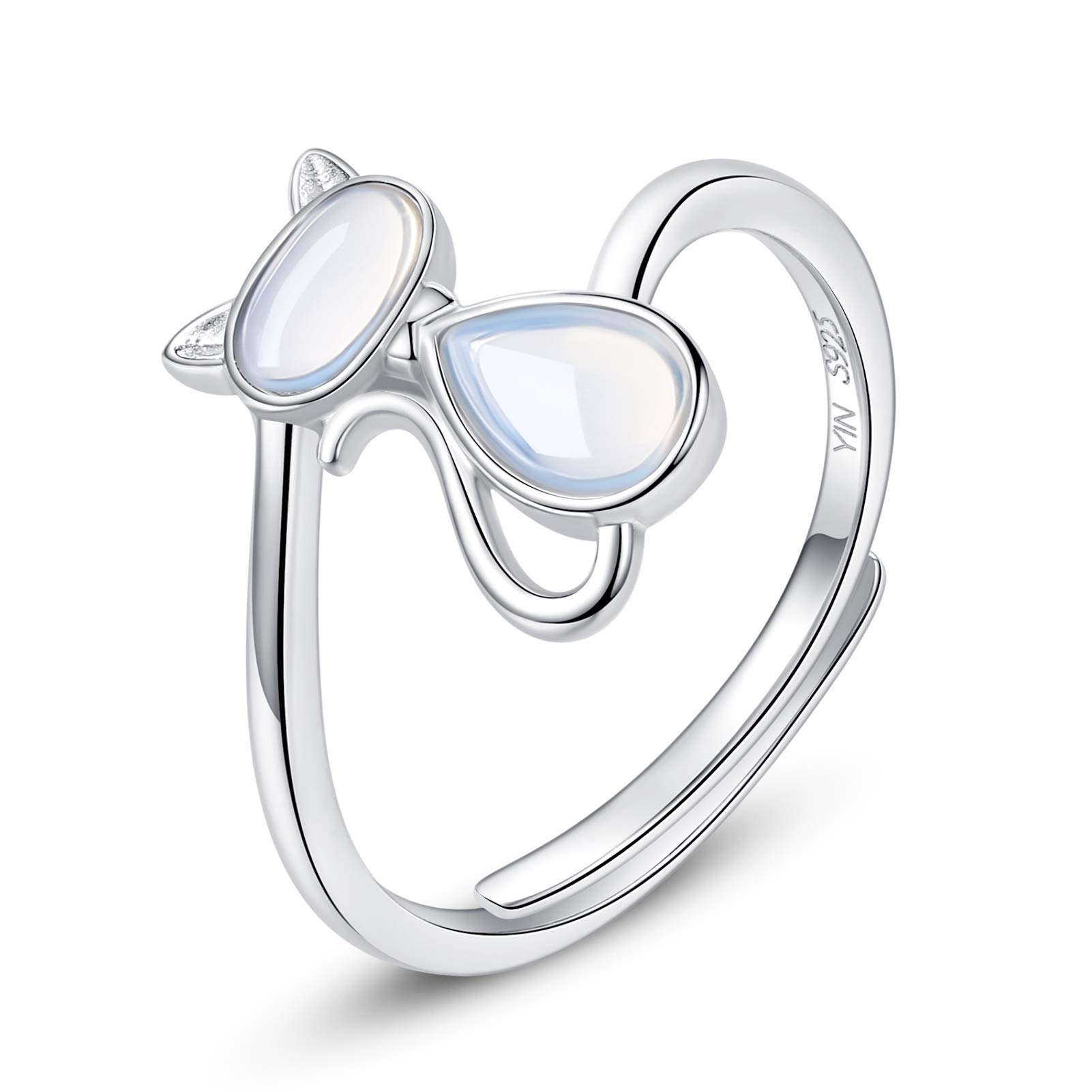 VIKI LYNN Cute Moonstone Cat Ring 925 Sterling Silver Adjustable Rings for Women Girls