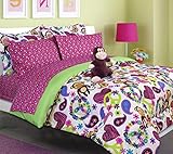 Teen Tween Girls Kids Bedding - FABIAN MONKEY Bed In A Bag. TWIN SIZE Comforter set -Plush Toy Included -Peace, Hearts - Hot Pink, Turquoise Blue, Purple, Green, Black and White