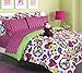 Teen Tween Girls Kids Bedding - FABIAN MONKEY Bed In A Bag. TWIN SIZE Comforter set -Plush Toy Included -Peace, Hearts - Hot Pink, Turquoise Blue, Purple, Green, Black and White