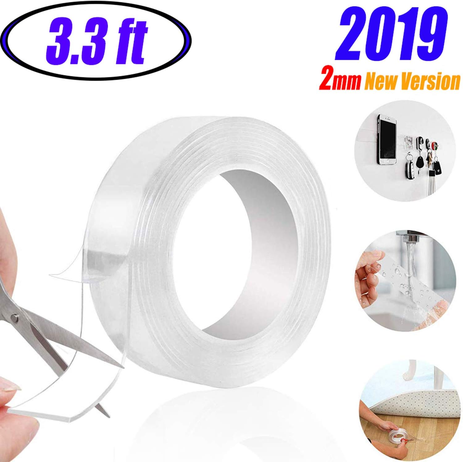 Nano Grip Tape Reusable Removable Washable, 3.3 Feet Double Sided Sticky Strips Seamless Traceless Tape Adhesive Kitchen Holder