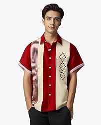 Bowling Shirts for Men Red Geometric Print Short
