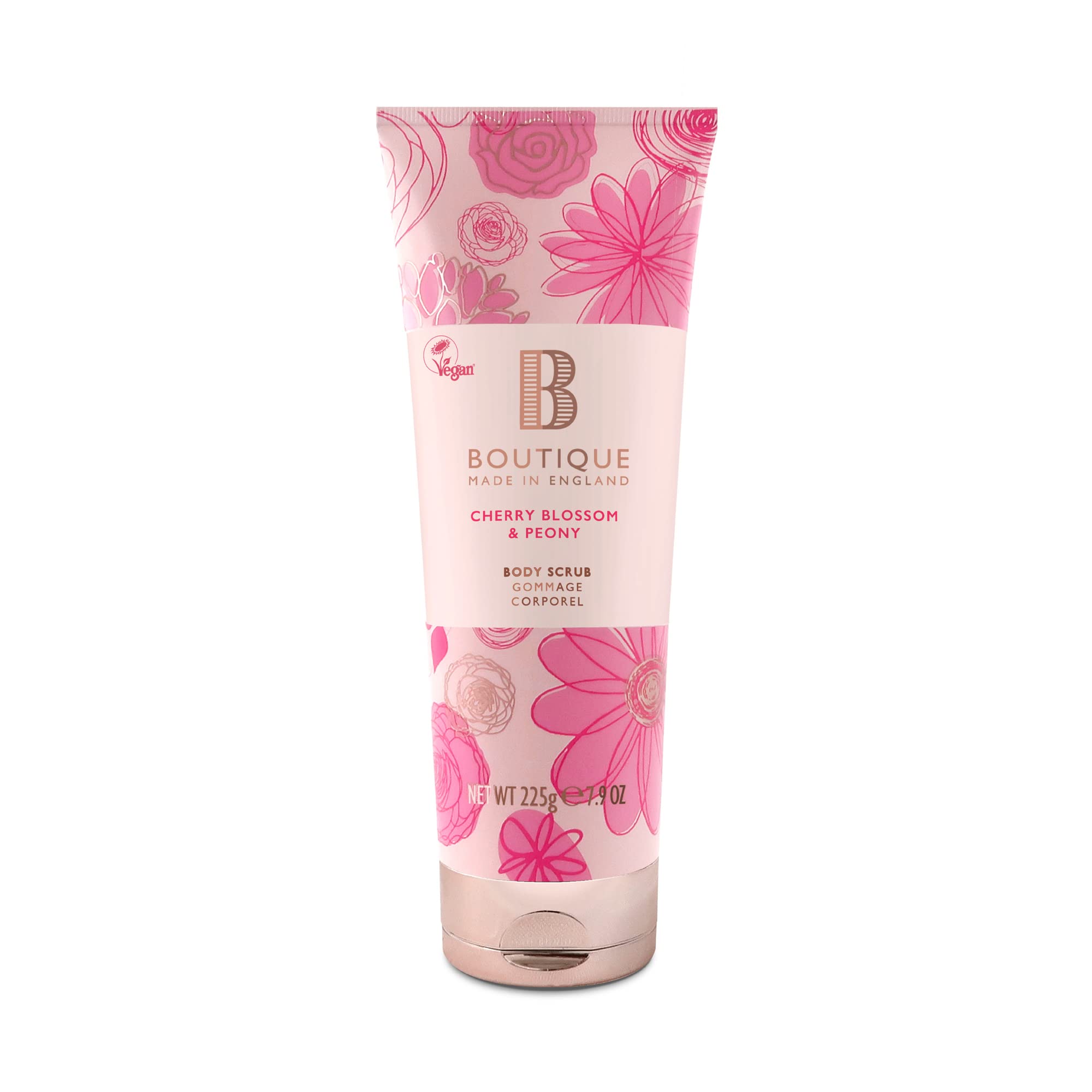 Boutique Cherry Blossom & Peony Fragrance Body Scrub 225ml, Exfoliating Body Scrub Refreshing - Essential Oils - Vegan and Cruelty Free, No SLS or Parabens - Made In England
