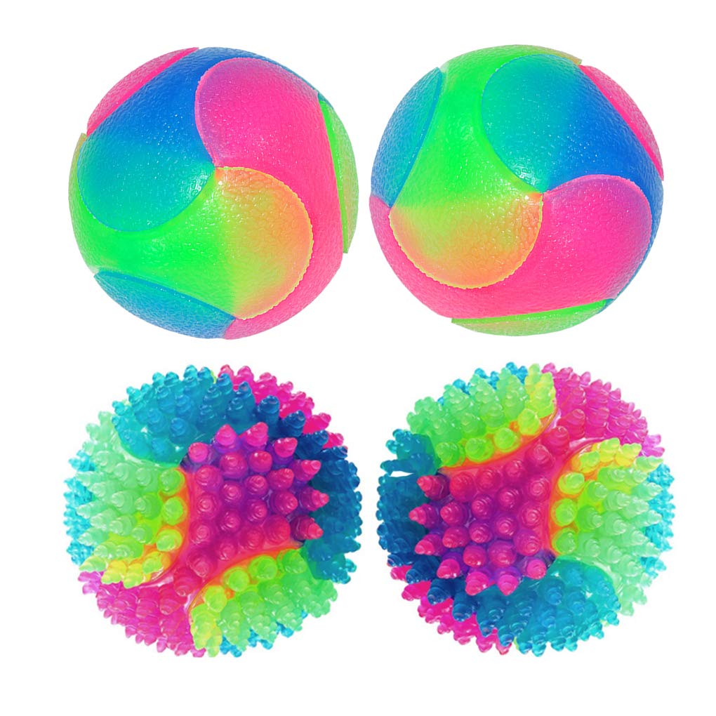 FineInno 4 pcs Light Up Dog Balls Flashing Elastic Ball Glow in The Dark Interactive Pet Toys for Puppy, Cats, Dog (2 pcs smooth balls+2 pcs stab balls)