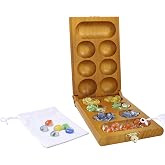 GSE 2-Player Folding Wooden Mancala Board Game, Oak | 48 Multi-Color Glass Stones, Storage Bag, Portable Family Travel Strategy Game, For Kids &amp; Adults, Family Game Night