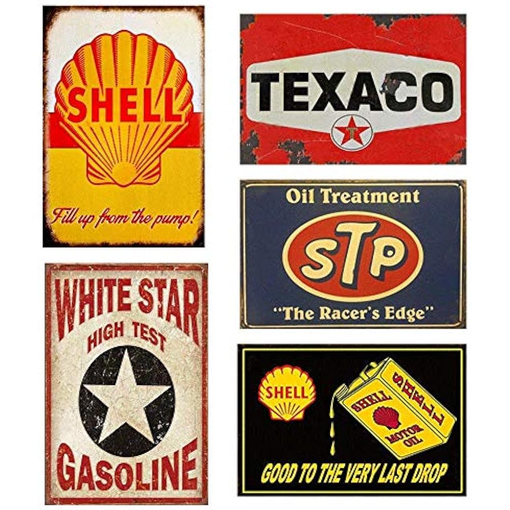 5PCS Gas Motor Oil Antique Tin Signs, Vintage Garage Man Cave Retro