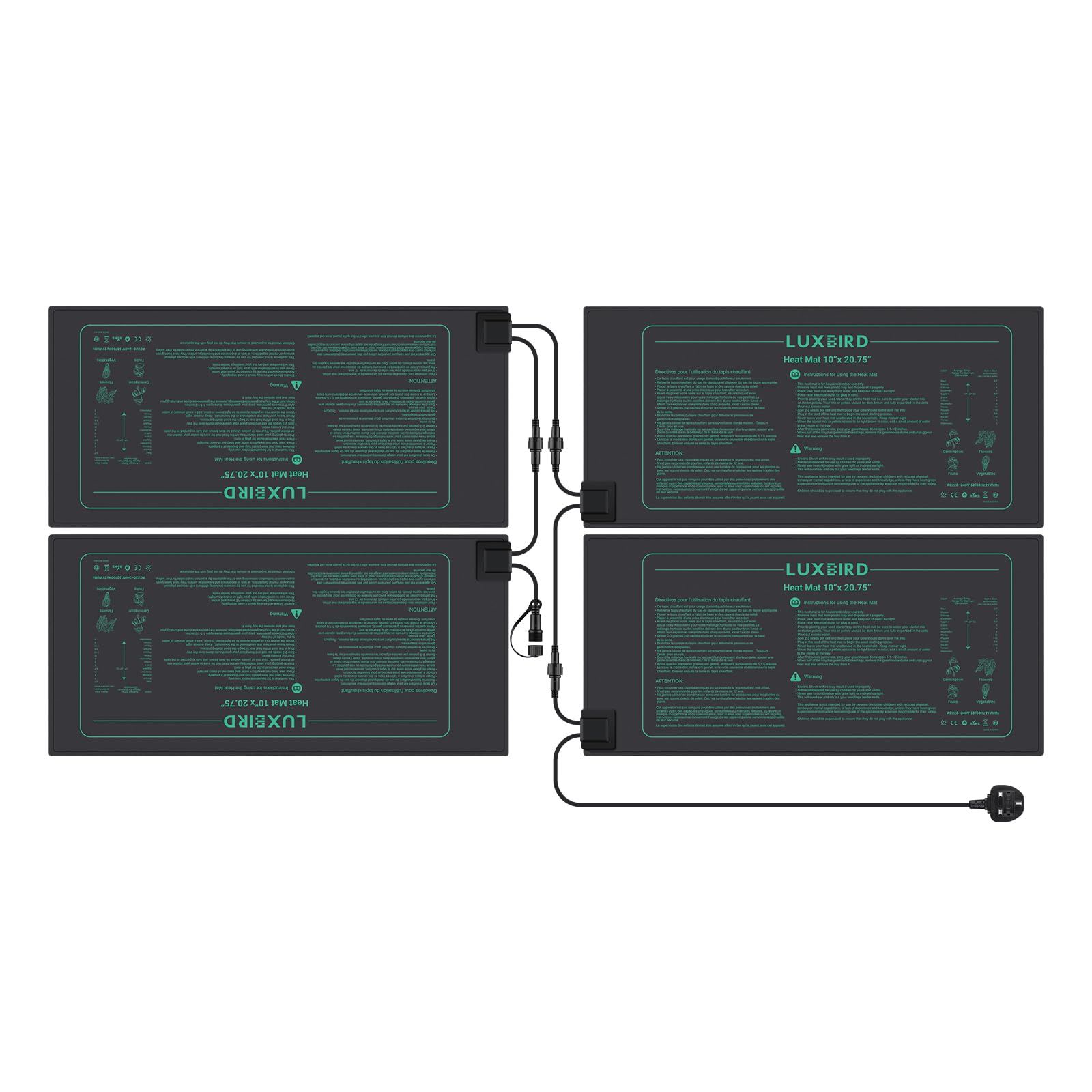 Luxbird 4 Pack Daisy Chain Seedling Heat Mats for Indoor Plants, 10" x 20.75" Waterproof Plant Heating Pad, 21W for Seed Starting, Germination, Hydroponics, Brewing, Breeding, Greenhouses