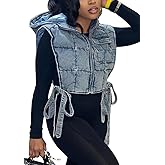 Vaceky Women's Denim Cropped Puffer Vest Sleeveless Zip up Hoodie Jean Jacket Outerwear