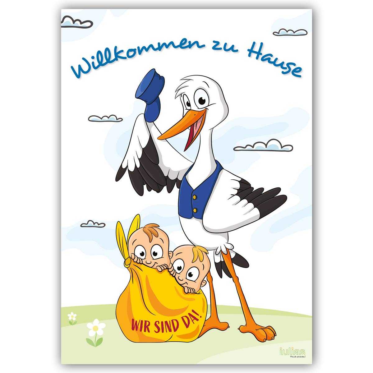 iulias Freude schenken! Welcome to Home Gemini and Mum – Large DIN A2 Poster for Birth – Welcome Poster with Stork After the Birth of Twins