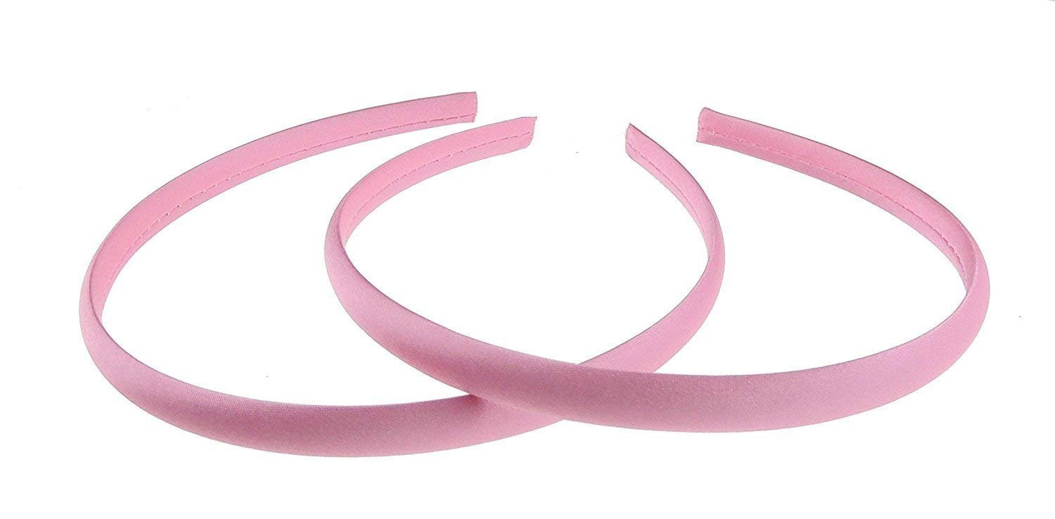 Pair of 2 Slim Thin 1cm Satin Covered Teens Girls Bridesmaid Basic Party Satin Plain DIY Alice Headband Hairband Head Hair Band Kids School Uniform (Candy Pink, One Size)