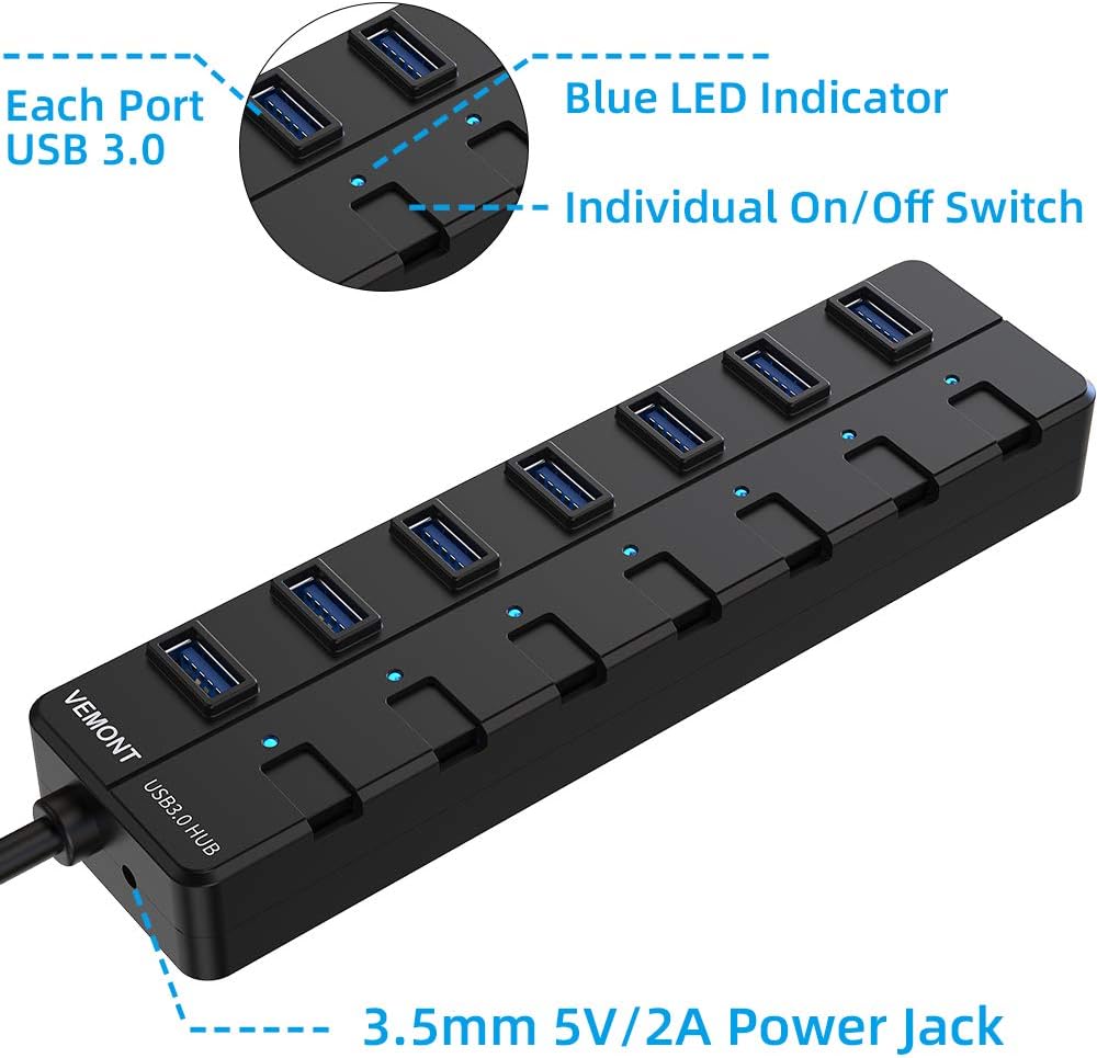 Powered USB Hub,VEMONT 7 ports SuperSpeed USB 3.0 Hub with Power Supply,USB Splitter Powered with Individual on/off LED Switches and 3.9ft/1.2m Long Cable for PC/Laptops/Ultrabooks/Desktops - Image 4