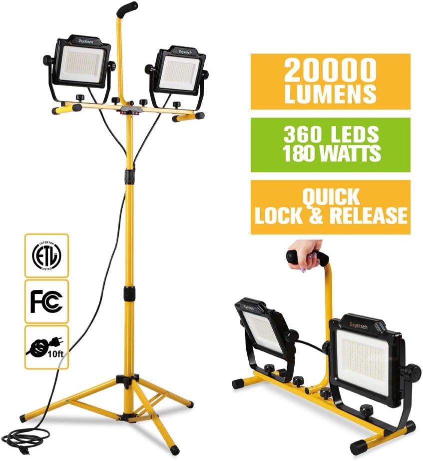 dayatech 180w 20000 lumen dual head led work light with metal telescopic tripod stand 10 ft power cord