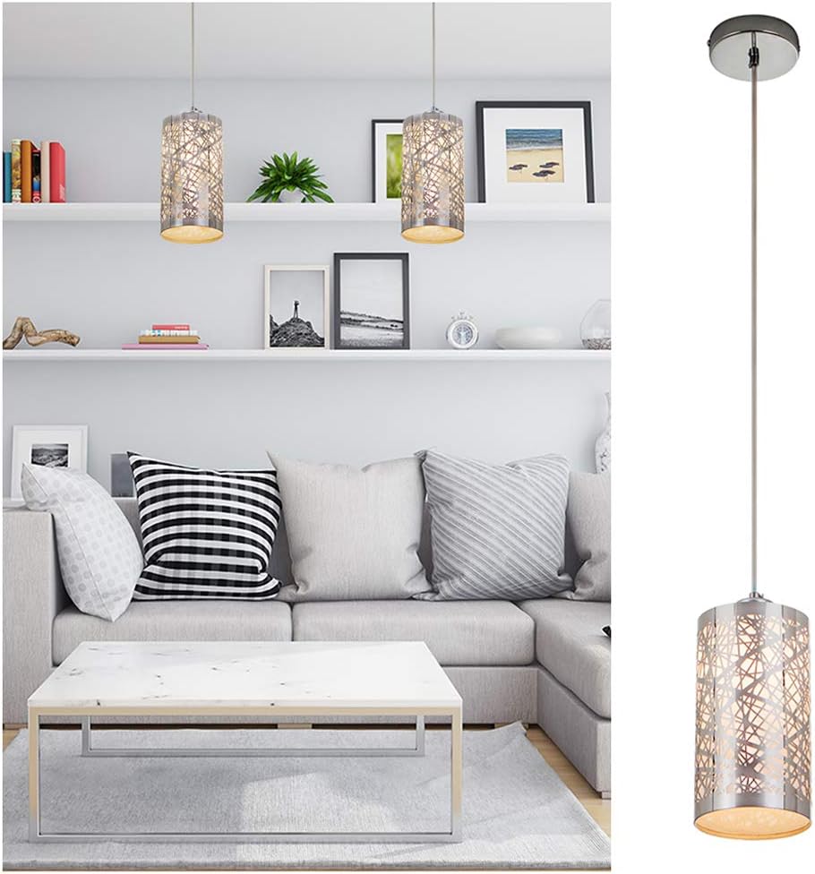 Popity home Modern Length Adjustable Hanging Dining Room Silver Linear Pendant Light, One-Light Stainless Steel Cylinder Shade Pendant Lighting Fixture with Chrome Finish - - 