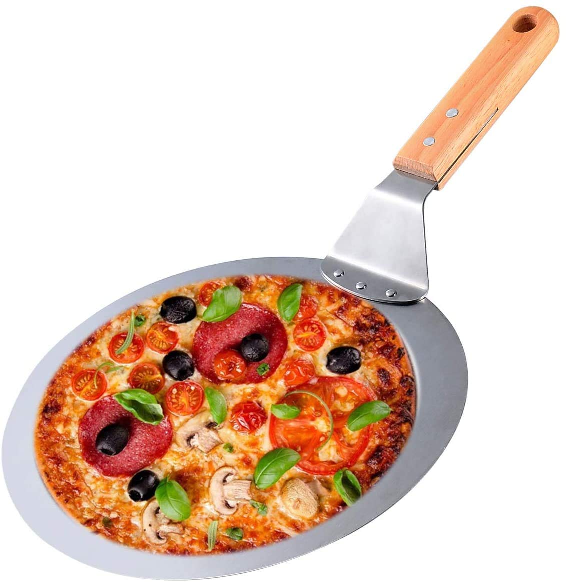 Pizza Peel, Linxuan Round Cake Shovel Baking Tools 10 Inch Wooden Handle Metal Shovel Spatula Peal for Baking Pizza and Cake on Oven & Grill