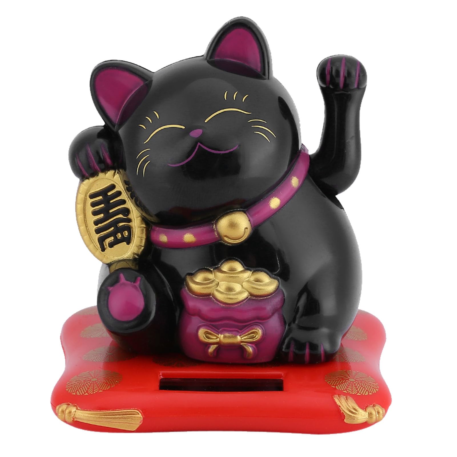 Solar Powered Lucky Cat with Waving Arm for Home and Car Decor, Black Shiny Cute Fortune Wealth Display for Indoor Outdoor Use