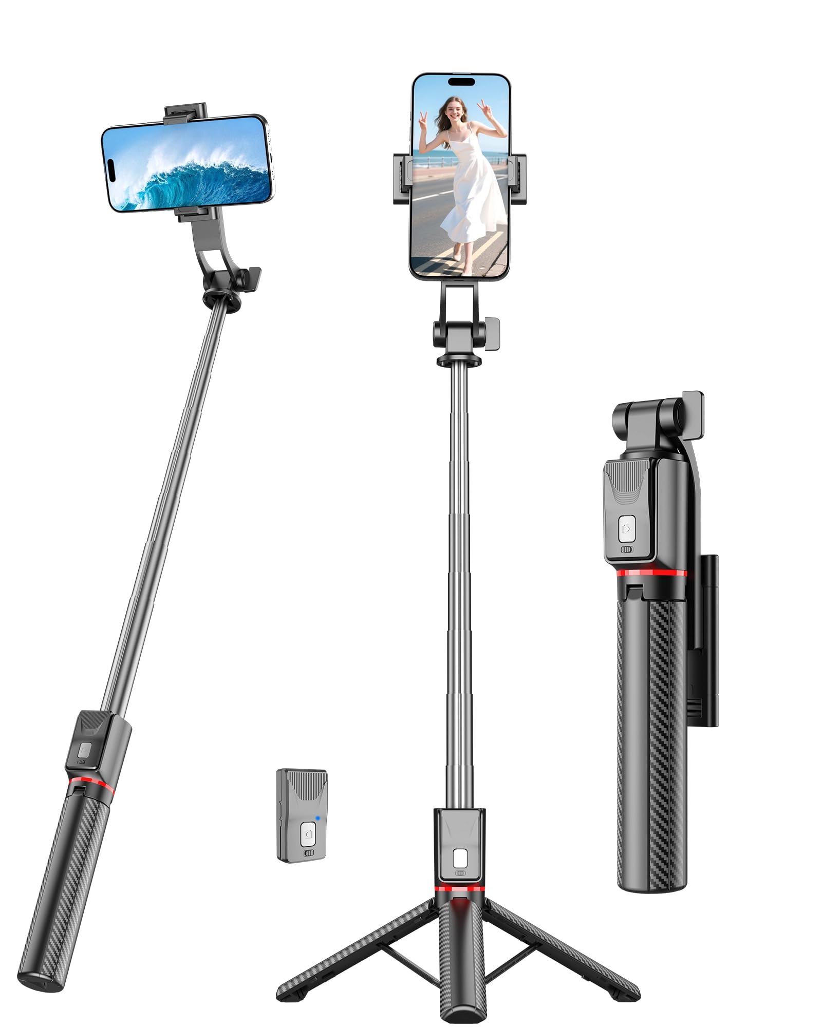 50'' Selfie Stick Tripod, Cell Phone Tripod with Integrated Wireless Remote, Portable Selfie Stick for iPhone Video Recording, Lightweight Extendable Phone Stand for iPhone Android