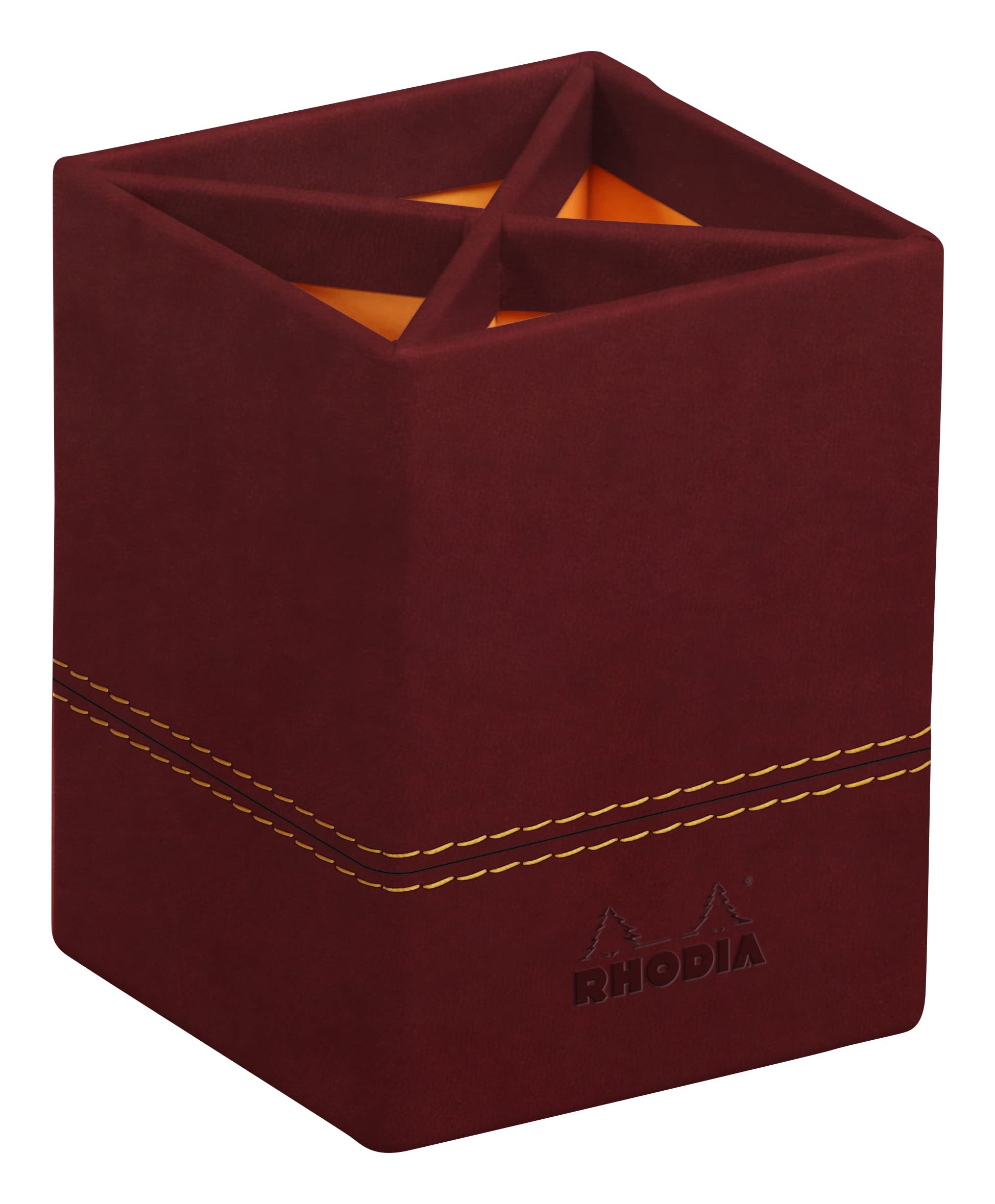 RHODIA 194526C - Burgundy Pencil Pot - 8x8x11 cm - Orange Saddle Stitching - Faux Leather Exterior - Home Office Collection Rhodiarama - Office Organization & Design Storage