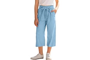 Linen Pants for Girls Wide Leg Capris Pant Summer Palazzo Pants Baggy Casual Trousers Trendy Pants with Pockets
