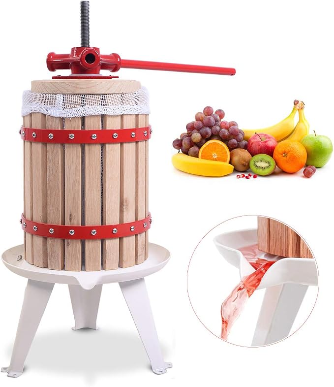 Presse à Fruits 6L - Presse Mécanique En Bois Et Métal Pour Jus, Vin, Pommes Et Raisins - Idéal Maison Et Petites Productions