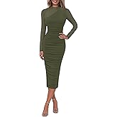 Lazysmile Long Sleeve Mesh Dresses for Women Mock Neck Ruched Bodycon Elegant Cocktail Club Party Wedding Guest Dress