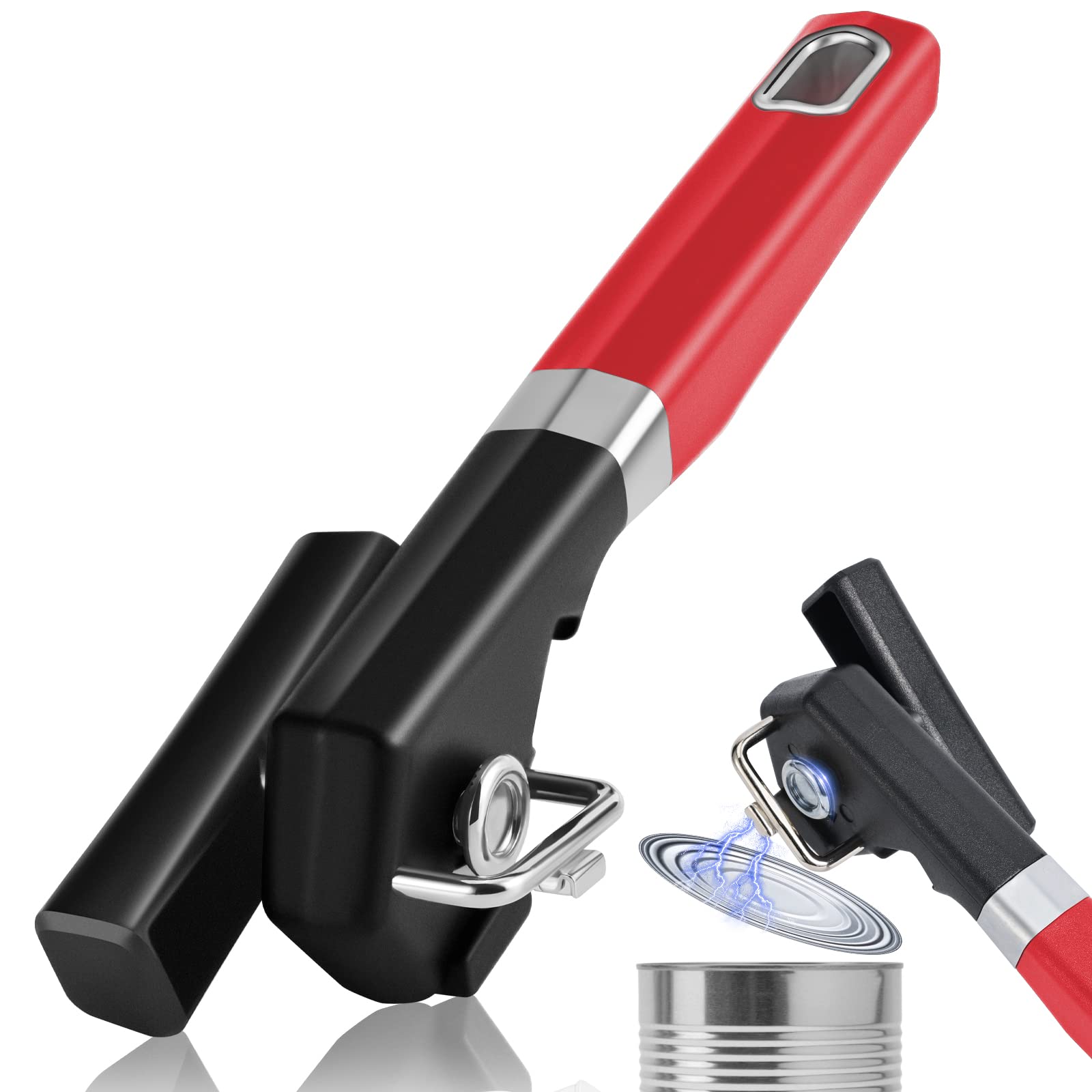 Photo 1 of 2 in 1 Safety Can Opener Manual Smooth Edge & Bottle Opener, No-Trouble-Lid-Lift Manual Can Opener with Magnet, Large Rubber Handle & Stainless Steel Blade, Side Cut Hand Can Opener for Kitchen (Red)