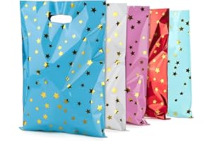 50 Pcs Party Favor Bags Cute Candy Bag Starry Plastic Birthday Goodie Treat with Handles for Favors Goody Loot 5 Assorted Col