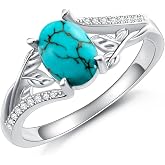 DOLIOX Genuine Turquoise Rings for Women 925 Sterling Silver Leaf with Oval Gemstone CZ Anniversary Ring Jewelry for Her Wife Mom