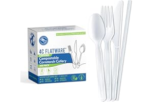 4C Flatware Compostable Cutlery Set - 200 PC Plant Based Utensils: [75-50-25-50] Compostable Forks Spoons Knives Straws, Non-