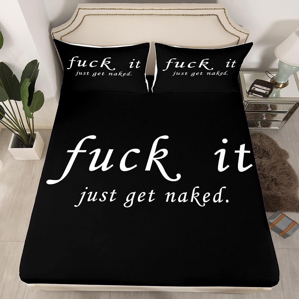 Funny Quotes Fitted Sheet & Pillow Sham Set Get Naked Bedding Set for Couple Lover Men Women Romantic Bed Sheet Set Black and White Creative Words Bed Cover No Flat Sheet 3Pcs King Size