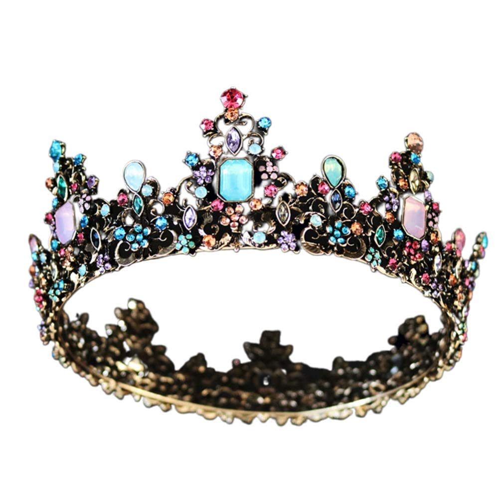minkissy Large Crown, Colorful Rhinestone Crystal Round Crown Vintage Bronze Alloy Tiara for Wedding Party Cosplay Birthday