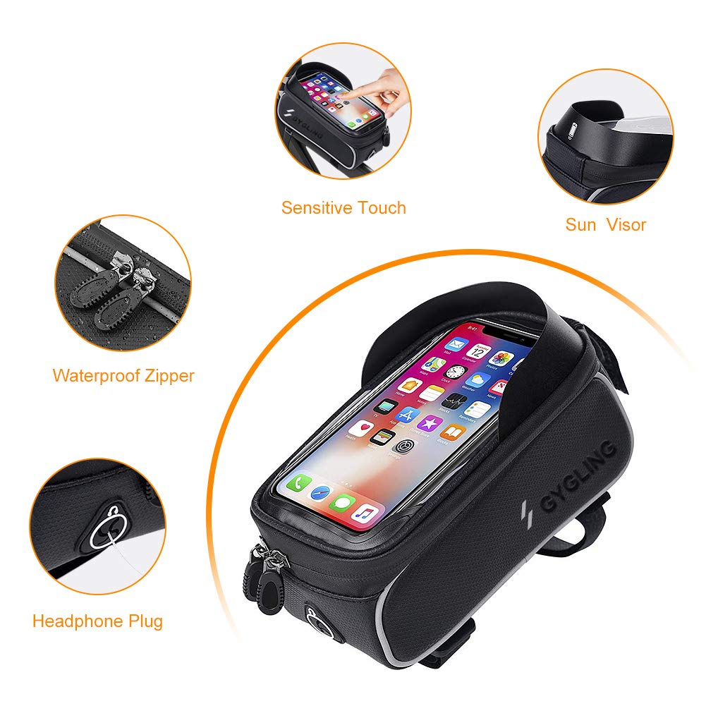 YEHOBU Bicycle Bag for Phone, Handlebar Bag, Bike Front Frame Storage Bag, Sun Visor Waterproof Touch Screen Bag, Cycling Holder Bag for 6 inches Phone (Black)