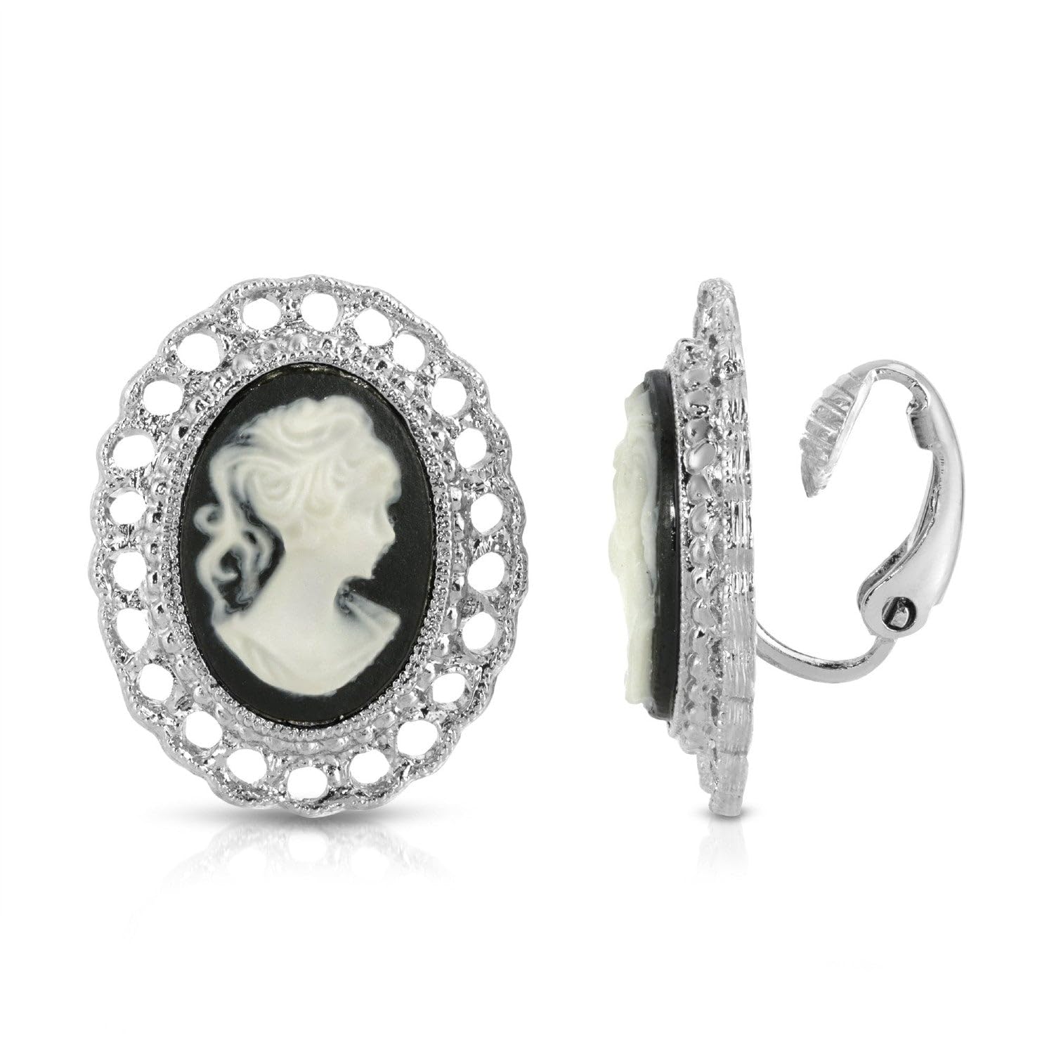 1928 Jewelry Pendientes de botón con clip de camafeo en blanco y negro con filigrana ovalada, aretes sin perforación, a presión sin perforaciones, hechos en EE. UU.