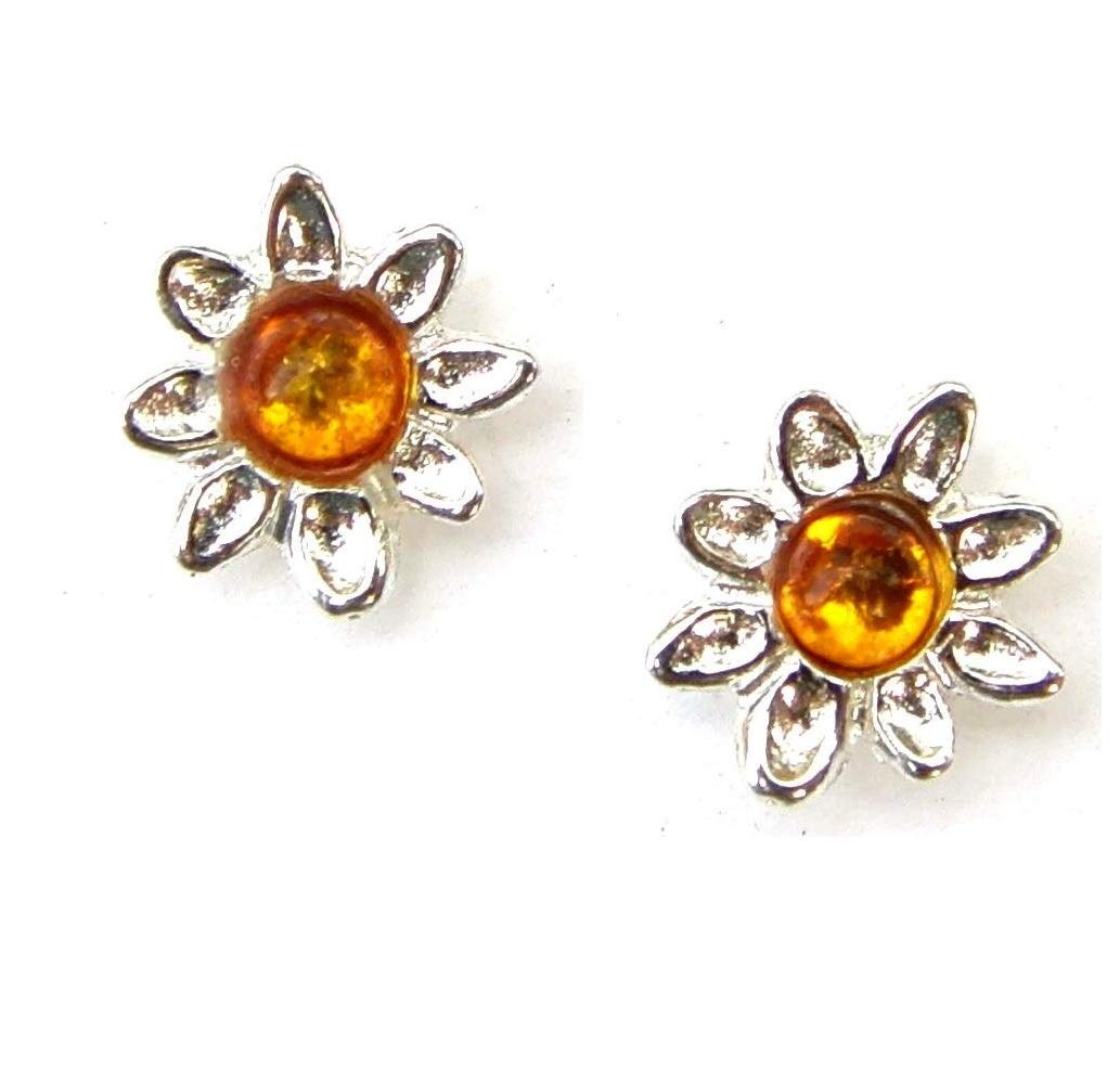 925 Sterling Silver Amber Or Blue Opal Studs Fine Earrings With Genuine Gemstones Ethically Sourced Sent Gift Boxed For Girls Women Unisex (Flower Studs - Amber)