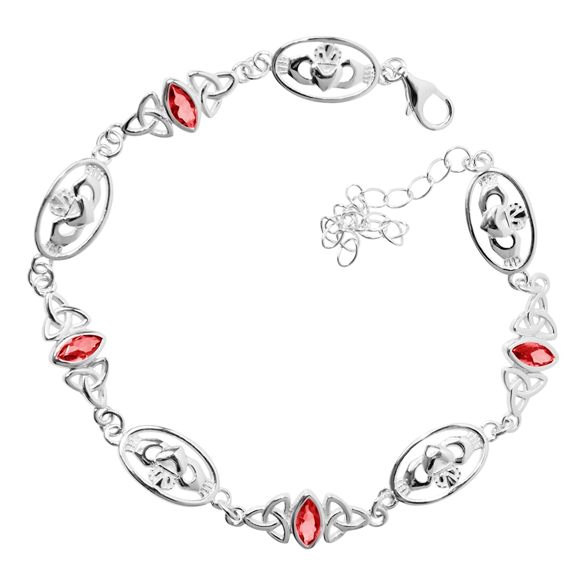 GWG Jewellery 925 Sterling Silver Irish Claddagh and Celtic Trinity Knot Graced with Ruby Red Marquise Crystal Links Bracelet in Gift Box for Women