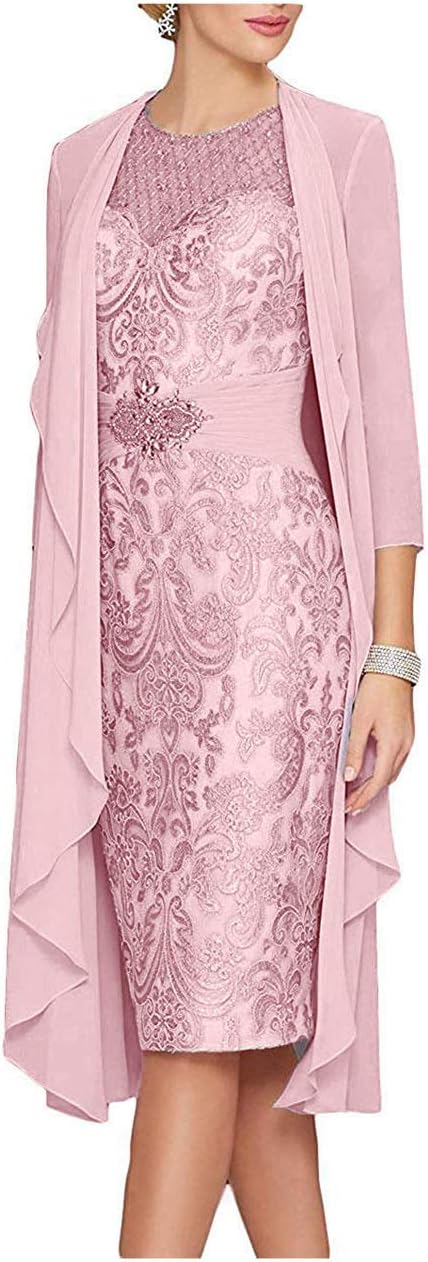 Women's Lace Mother of The Bride Dresses Rhinestone Belt with Chiffon Jacket for Wedding Party Knee Length