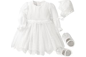 Booufi Baby Girl Clothes 3 Pc White Baby Dress Matched Bonnets Headband Shoes Baptism Dress for Baby Girl Flower Girl Dresses